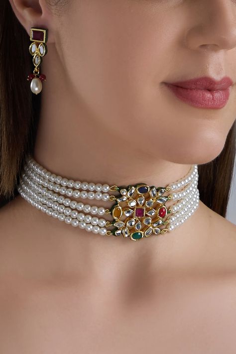 Buy Bead Choker Set by POSH By Rathore at Aza Fashions Gold Kundan Choker Set, Choker Set Design, Navratna Choker, Moti Choker Necklace, Jadau Choker Set, Choker Set Gold, Fancy Choker, Jadau Choker, Choker Necklace Indian