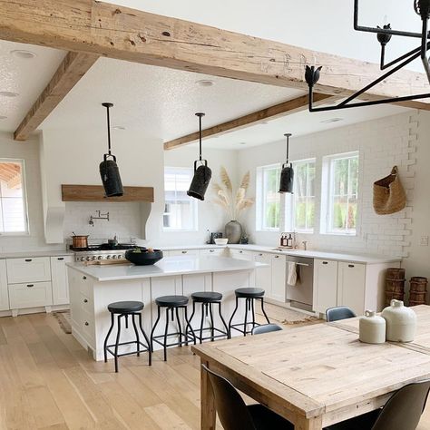 Kitchen With Support Beam, Faux Beams In Kitchen, Beams In Kitchen, Wood Beams In Kitchen, Kitchen Beams, Beam In Kitchen, Pitched Ceiling, Fixer Upper Kitchen, Reclaimed Beams