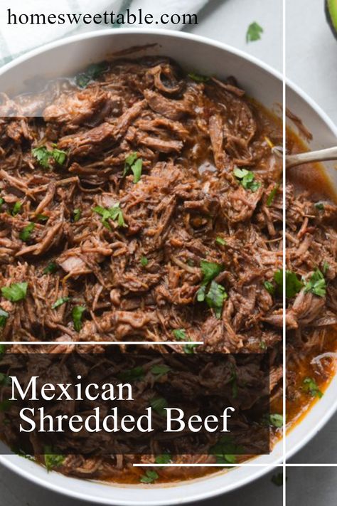 Mexican Shredded Beef tender, flavorful beef cooked in the slow cooker. An easy-to-prepare recipe that is great for tacos, burritos, burrito bowls, enchiladas, quesadillas, and more! Beef Fajita Bowl, Shredded Beef Burritos, Beef Burritos, Fajita Bowl, Mexican Shredded Beef, Beef Bowl, Fajita Bowls, Mexican Beef, Chipotle Peppers