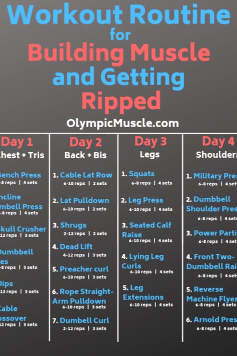 Follow this 4 day workout split for optimal muscle building. Click for more info! #fitness #workoutmotivation #gym #workoutroutine #gymmotivation #training #exercise #gymlife #workout #workoutfit #workoutoftheday 4 Day Workout Split, 4 Day Split Workout, 4 Day Workout, Split Workout, Back And Bis, Workout Split, Workout Splits, Workout Plan Gym, Muscle Building