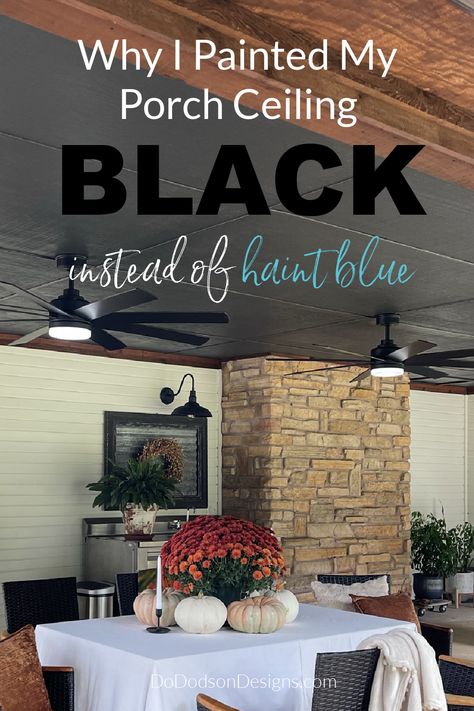 Porch Ceiling Paint Ideas, Black Front Porch Ceiling, Porch With Black Ceiling, Black Ceiling Outdoor Patio, Screened In Porch Painted Ceiling, Dark Patio Ceiling, Black Patio Ceiling Ideas, Sunroom Black Ceiling, Front Porch Lighting Ideas Ceiling