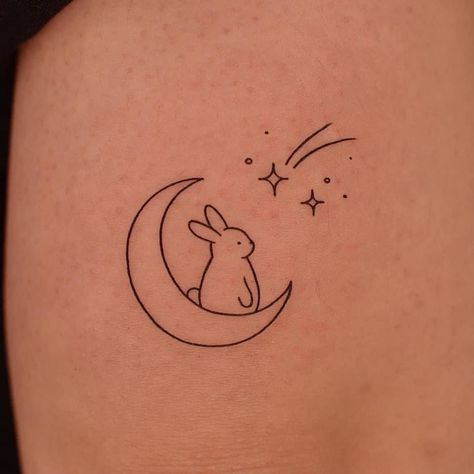 Bunny On Moon Tattoo, Rabbit On The Moon Tattoo, Minimal Rabbit Tattoo, Bunny Simple Tattoo, One Line Bunny Tattoo, Bunny On The Moon Tattoo, Bunny With Angel Wings Tattoo, Bunny Fine Line Tattoo, Bunny And Cat Tattoo