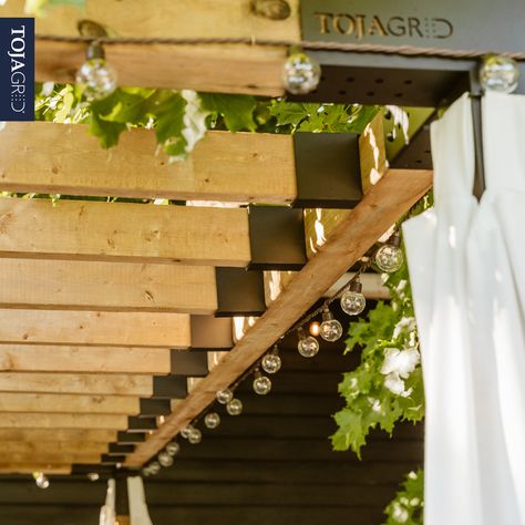 Make your pergola unique, with endless decorating ideas such as string lights, accessories and build options, every Toja Grid pergola is different. With many options to choose from such as Shade Sails and Top Rafters, every pergola is different. #tojagrid #accessorize #outdoordecor #outdoorliving #rafters #pergola #patiodesign #outdoordesign #patio Pergola Unique, Toja Grid Pergola, Backyard Dining Area, Beautiful Pergola, Diy Pergola Kits, Toja Grid, Backyard Dining, Fixer Upper Home, Backyard Kids Play Area