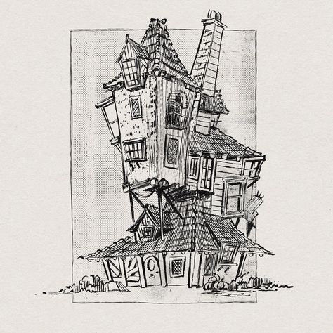 Harry Potter graphic comic art cozy home architecture sketch urban roaling The Burrow Illustration, The Burrow Sketch, Weasley Burrow Tattoo, Weasley House Drawing, Harry Potter Ink Drawing, Harry Potter Illustration Book, Weasley House The Burrow, The Burrow Drawing, The Burrow Tattoo