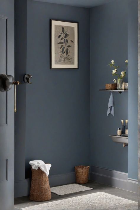 bathroom decor,home renovation ideas,interior design inspiration,painting walls,home improvement costs,decorating tips,modern home decor,wall painting techniques,interior design trends,home makeover ideas Dark Navy Wall Paint, Dark Blue Grey Accent Wall, Blue Gray Powder Room, Navy Paint Bathroom, Slate Blue Bathroom Walls, Dark Blue Accent Wall Bathroom, Behr Charcoal Blue, Charcoal Blue Bathroom, Bathroom Ideas Dark Blue