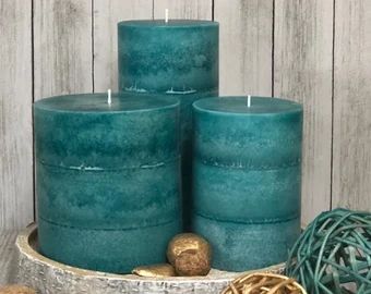 Teal Candles, Turquoise Candles, Teal Decor, Three Candles, Persian Turquoise, Blue Candles, Beautiful Candles, Pillar Candle, Floral Scent