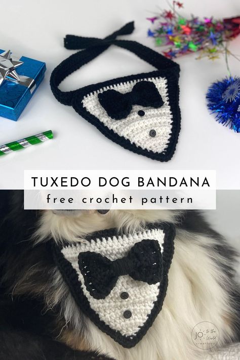 If you’re browsing for free crochet patterns for dogs, check out this free crochet dog bandana and add to the list of crochet dog clothes. This tuxedo crochet bandana is the perfect attire for your pet to celebrate any occasion! Crocheted Dog, Dog Bandana Pattern, Crochet Dog Clothes, Dog Sweater Crochet Pattern, Dog Tuxedo, Crochet Dog Patterns, Crochet Dog Sweater, Crochet Bandana, Fun Crochet Projects