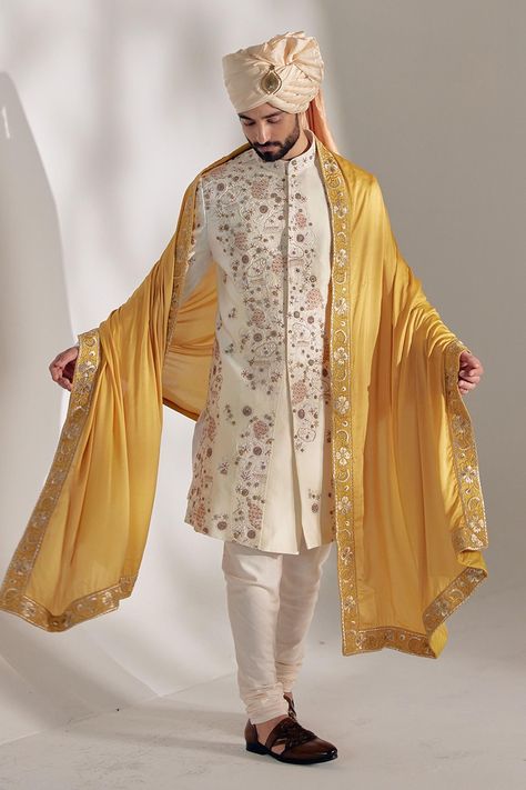 Yellow Floral Embroidered Border Stole Stole For Men, Jatin Malik, Moti Work, Indian Men Fashion, Indian Wedding Outfits, Satin Color, White Hand, Sherwani, Churidar