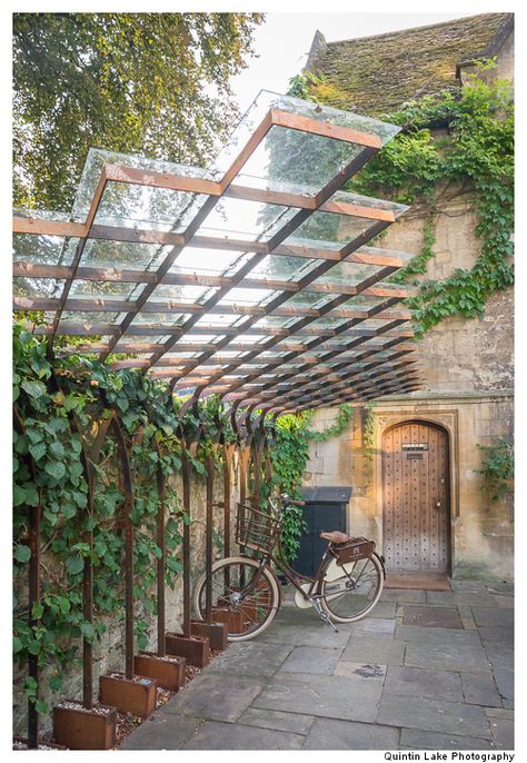 Bike Stand, Old Parsonage Hotel Side Return Bike Storage, Bicycle Shelter, California Garden Design, Bicycle Parking Design, Bike Shelter, Glass Door Knob, Side Return, Shelter Design, Cool Tree Houses