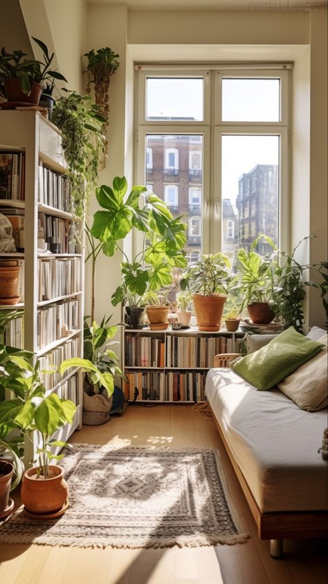 Boho Aesthetic Interior, Simple Room With Plants, Living Room Green Aesthetic, Green House Aesthetic Living Room, Green House Aesthetic Bedroom, Library And Plant Room, House Decorated With Plants, Unique Bay Window Ideas, Boho Green Apartment