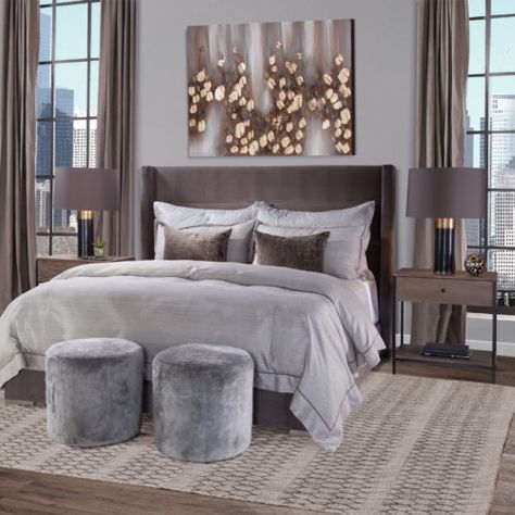 Hepburn King Bed in Cayenne Granite (Performance Fabric) - Spectra Home Furniture Elegant Bedroom Ideas Luxury, Fabric Bed Headboard, Wing Headboard, High Headboard Beds, Bedroom Ideas Luxury, Winged Bed, Small Wing, Padded Headboard, Fabric Bed