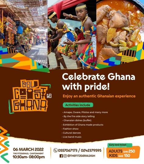 Gold Coast to Ghana – An authentic Ghanaian experience on March 6 in 2022 | Flyer and poster design, Ghanaian, Ghana Independence Poster Design, Cultural Day Flyer Design, Cultural Event Poster Design, Mini Festival, Content Development, Graphics Template, Graphic Design Cards, Festival Flyer, Music Flyer