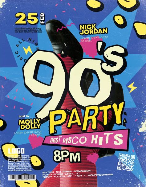 Check out the Cool 90's Music Party Flyer Template for your next club and party event. FreePSDFlyer.com is the best resource full of amazing Free PSD Flyer Templates for Photoshop! Create amazing flyer, poster or social media designs with our free templates. 90s Flyer Design, Graphic Design Event Poster, Event Poster Design Ideas Creative, Party Poster Ideas, Sale Social Media Design, 90s Flyer, Ide Tattoo, Fun Poster Design, 90s Poster Design