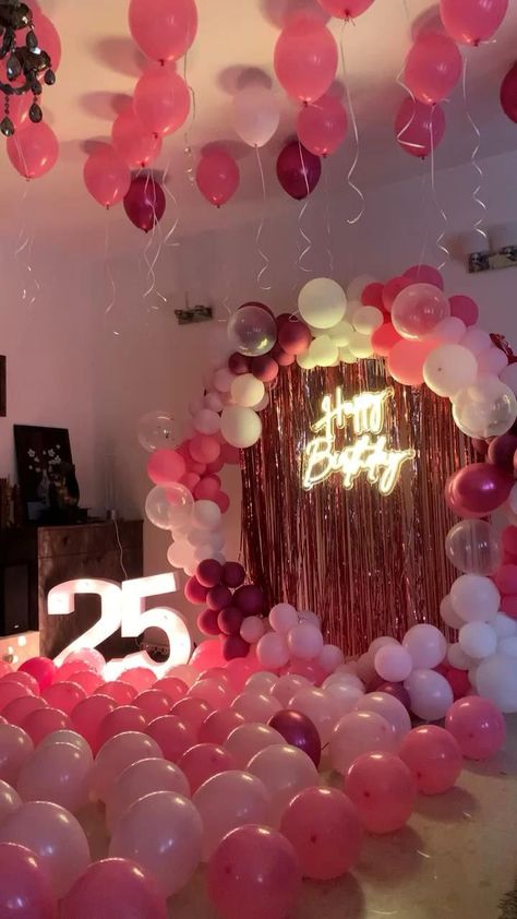 25th Birthday Ideas For Her Decoration At Home, Themed Outfits For Party, Celling Ballon Decoration, Hall Decoration Ideas Party Birthday, How To Decorate For Birthday At Home, 16ty Birthday Party Ideas, Pink 25th Birthday Party Ideas, 18ty Birthday Party Ideas, Lounge Theme Party