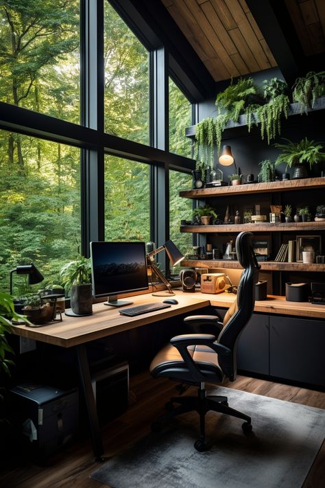 Rustic Office Desk Ideas, Rustic Study Room Ideas, Office In The Woods, Nature Home Office, Forest Desk Setup, Bedroom Ideas For Gamers, Farmhouse Office Space, Rustic Office Ideas, Tech Home Office