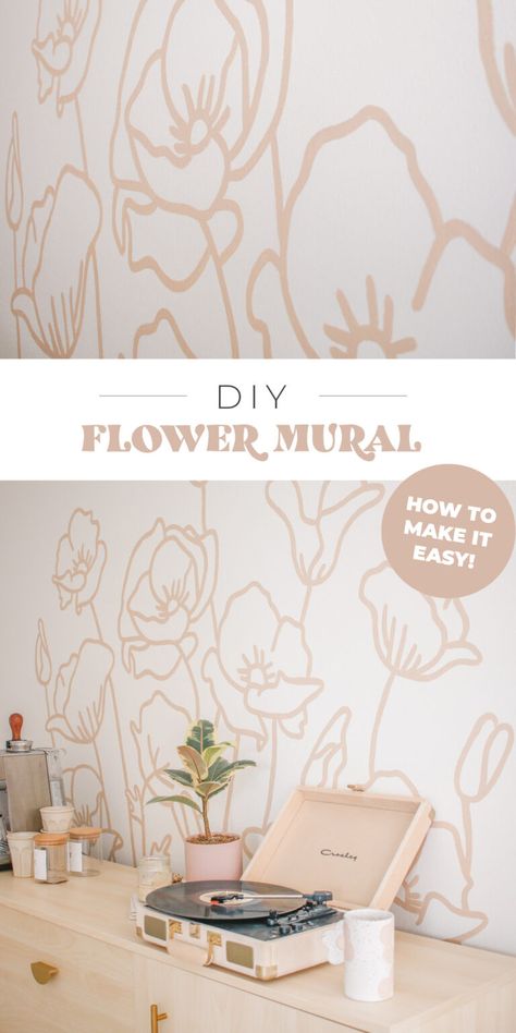 Girls Room Flower Wall, Painted Flower Wall Nursery, Wall Murals Diy Easy, Easy Boho Wall Painting Ideas, Simple Wall Murals Diy Paint Hand, Hand Painted Flower Mural Bedroom, Easy Floral Wall Mural, Nursery Flower Mural, Diy Flower Wall Painting