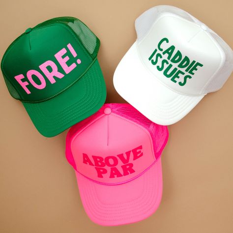 Get styled for the course! Golf Attire Women Outfits, Golf Trucker Hat, Golf Bachelorette Ideas, Country Club Theme, Trucker Hat Designs, Golf Aesthetic, Trucker Hat Fashion, Golf Girl, Trendy Golf