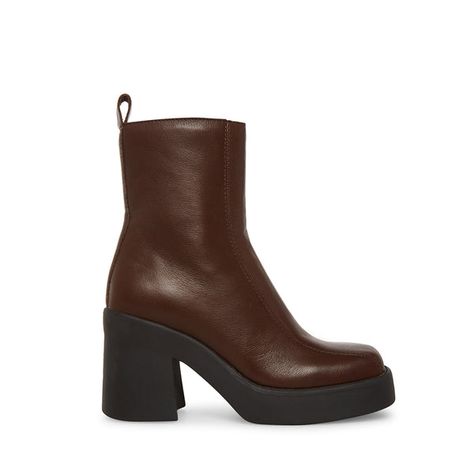 HOPE Brown Leather Platform Bootie | Women's Square Toe Ankle Boots – Steve Madden Brown Platform Boots, Brown Block Heels, Square Toe Ankle Boots, Madden Boots, Steve Madden Store, Platform Block Heels, Chunky Block Heels, Fashion Board, Platform Heel