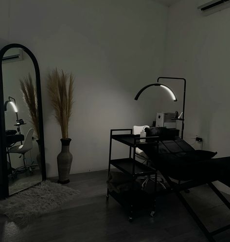 Lash Room Ideas Modern, Grey Beauty Room, Pmu Room Decor, Lash Studio Organization, Minimal Beauty Salon Design, Earthy Lash Studio, Black And White Lash Studio, Brow Lamination Room Decor, Esthetician Room Black And Gold