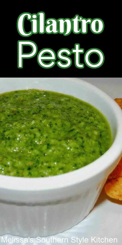 Fresh Cilantro Pesto Cilantro Paste Recipes, Cilantro Pesto Recipe, Cilantro Garlic Sauce, Dressings Recipes, Melissas Southern Style Kitchen, Grilled Shrimp Tacos, Dumpling Sauce, Pesto Recipes, Cilantro Recipes