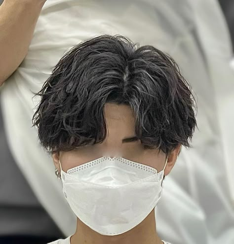 Korean Haircut Men Middle Part, Two Block Middle Part Haircut Men, Korean Middle Part, Middle Part Perm, Short Middle Part Hair Men Asian, Korean Man Haircut, Asian Perm Men, Korean Perm Men Middle Part, Wolf Cut Short Men