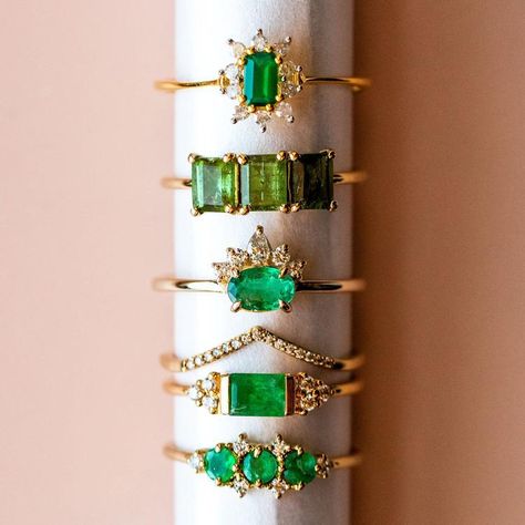 Dainty Gold Band, Rings Display, Elizabeth Jewelry, Emerald Ring Vintage, Local Eclectic, Green Tourmaline Ring, Emerald Gem, Stacking Ring Set, Ring Stack