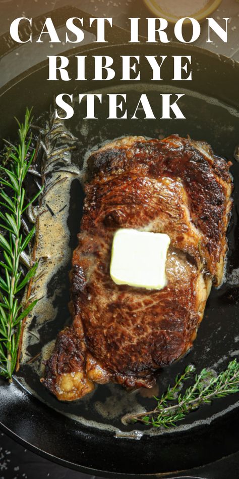 This Cast Iron Ribeye Steak is flavored with rosemary, thyme, butter, and garlic. It also has a nice crust on the outside and juicy center. So delicious! #steak #steakrecipe #meat #lunch #easyrecipe # Oven Grilled Steak, Cast Iron Skillet Recipes Dinner, Cast Iron Steak, Ribeye Steak Recipes, Steak In Oven, Air Fryer Steak, Cooking The Perfect Steak, Sirloin Steak, Cast Iron Skillet Recipes