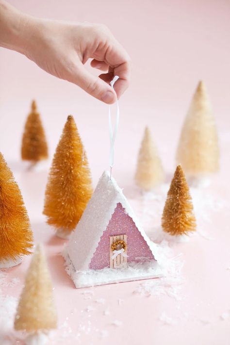 Home for the Holidays: Our Best Holiday Crafts + DIYs #holidaycrafts #christmascrafts #holidaydecor #christmasdecor #abeautifulmess Putz House, Homemade Ornaments, Glitter Houses, Putz Houses, Easy Christmas Crafts, Small Houses, House Ornaments, Diy Holiday Decor, Christmas Decorations To Make