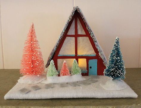 retro-christmas-a-frame Vintage Aluminum Christmas Tree, Retro Christmas Decorations, Putz House, Aluminum Christmas Tree, Retro Renovation, Christmas Village Houses, Decorating Diy, Glitter Houses, Putz Houses