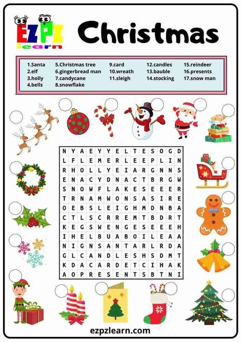 More fun with your teaching with Free Printable English Word Search wwith pictures topic Christmas worksheets for ESL teachers using for kindergarten, preschool and so on you can either download or print directly from our website. English Crosswords Worksheets, Christmas English Activities, Christmas Primary School, Christmas Worksheets Preschool, Christmas Worksheets For Kids, Free Printable Christmas Worksheets, Christmas Word Search Printable, Christmas Worksheet, Christmas Fonts Free