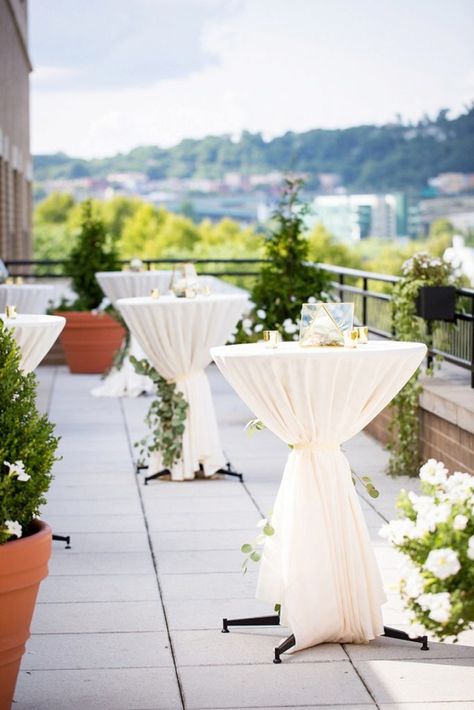 6 Ways You Can't Go Wrong with a Wedding at The Terrace at the Hyatt House. For more Pittsburgh wedding inspiration, visit burghbrides.com! #weddingreceptiondecor #outdoorweddingdecor #outdoorweddingreceptionideas #weddingdecorinspiration Wedding Terrace Decor, Elegant Cocktail Table Decor, Terrace Wedding Decoration, Terrace Cocktail Party, Wedding Terrace Decoration, Terrace Wedding Decor, Balcony Wedding, Terrace Wedding, Reception Cocktail Tables