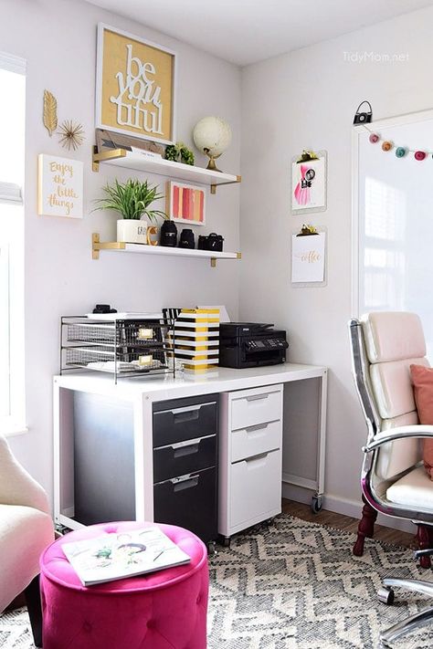 Decorating a shared home office can be both functional and beautiful!! Not only does the space need to work for both me and my husband, it needs to be a place that makes us happy! I'm thrilled that I was able to make it happen with a colorful industrial style. Get all the shared home office decorating details and sources at TidyMom.net Office Space Ideas Business, Shared Office Space Ideas Business, Home Office Organizing Ideas, Office Organizing Ideas, Ikea Brusali, Home Office Organizing, Colorful Industrial, Basement Update, Shared Home Office