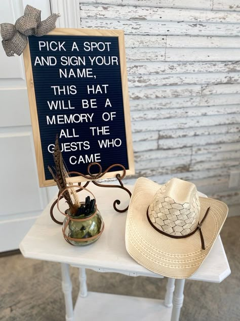 Cowboy Hat Guest Book Sign, Western Gender Reveal Themes, Western Fall Baby Shower Ideas, Cowboy Or Cowgirl Gender Reveal Decorations, My First Rodeo Party Ideas, Cowboy Wedding Ideas Western Theme, Cowboy Hat Guest Book, Rustic Cowboy Baby Shower Ideas, Western Chic Baby Shower Ideas