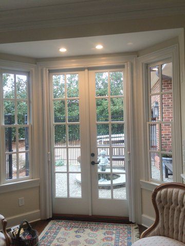 Narrow French Doors To Deck, Bay Windows With French Doors, Small Exterior French Doors, Bay Window To French Doors, Bay Window French Doors, Bay Window Into French Doors, French Doors In Bay Window, French Doors Bay Window, Bow Window Ideas Exterior