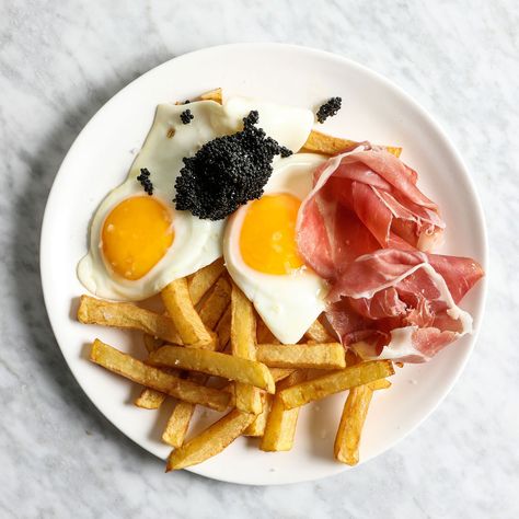 Fried Eggs with Jamón and Caviar Egg Dishes For Dinner, Tater Tot Waffle, Dishes For Dinner, Potato Galette, Cauliflower Fritters, Roasted Fingerling Potatoes, Caviar Recipes, Mini Potatoes, Special Occasion Food