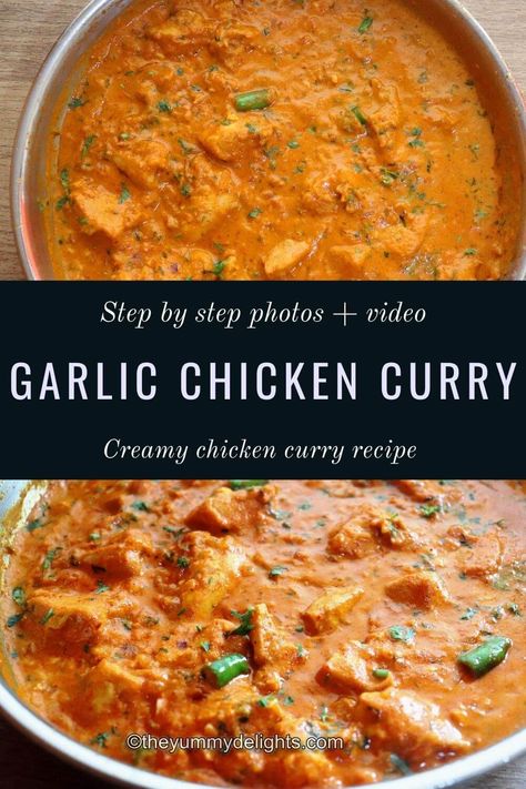 Easy Garlic Chicken Curry that can be made within 30 minutes. Serve it with Roti/Naan (Indian Flatbread). Or you can serve this delicious garlic chicken curry with rice too. The curry is mildly spicy & tastes super delicious. Microwave Curry Recipe, Garlic Curry Indian, Indian Garlic Chicken, How To Make Curry Chicken Step By Step, English Curry Recipe, Mild Chicken Curry Recipe, Nepalese Recipes, Garlic Curry, Creamy Chicken Curry