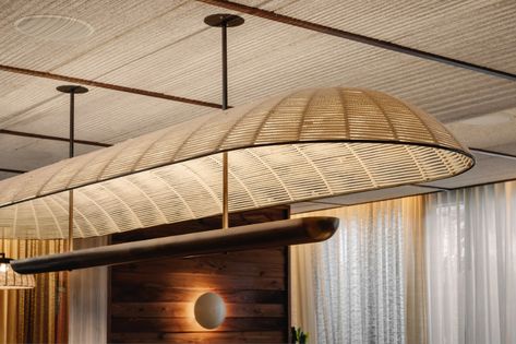 Stitched brick wall welcomes guests to Uchi Miami restaurant Michael Hsu, Curved Banquette, Miami Restaurants, Basket Lighting, Glass Facades, Bar Seating, Private Dining, Luminaire Design, Architectural Inspiration