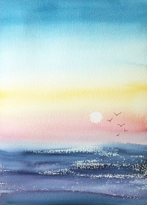 Watercolor Painting Easy, Diy Watercolor Cards, Watercolor Pencil Art, Rainbow Sunset, Watercolor Paintings Nature, Watercolor Paintings For Beginners, Watercolor Sunset, Watercolor Ocean, Sun Rise