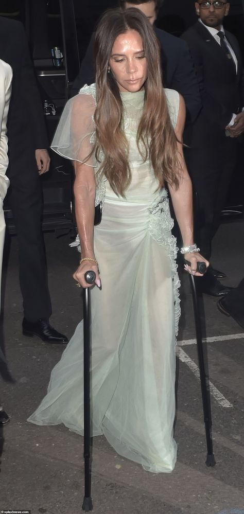 Victoria Beckham looked sensational as she arrived at her star-studded 50th birthday bash ... Viktoria Beckham, Private Members Club, White Satin Dress, Members Club, Victoria Beckham Dress, Quince Dresses Red, Glamour World, Sheer Gown, Beaded Cocktail Dress