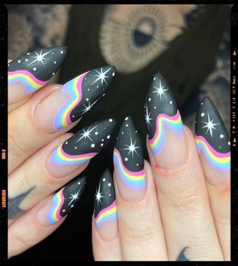 Nonbinary Nails Designs, Cool Dark Nails, Punk Summer Nails, Psychadelic Nails Acrylic, Pastel Witch Nails, Galaxy Inspired Nails, Edm Festival Nails, Witchy Acrylic Nail, Witchy Nails Acrylic