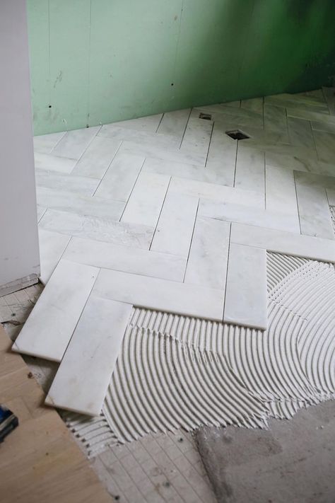 Unique Bathroom Tiles, Marble Bathrooms, Marble Tile Floor, Master Bath Remodel, Herringbone Tile, Unique Bathroom, Trendy Bathroom, Bathroom Floor Tiles, Marble Bathroom