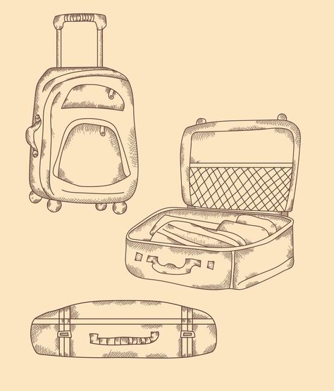 Collect travel items. Different types of suitcase, open, closed, stands on wheels. Vacation Hand drawn vector set, strokes, vintage. All elements are isolated Open Suitcase Drawing, Suitcase Drawing, Open Suitcase, Travel Ad, Vector Shapes, Hand Drawn Vector, Travel Items, Different Types, Vector Art