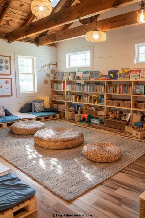 Kindergarten Homeschool Classroom Setup, Montessori School Room, Homeschool Rooms Ideas, Homeschooling Set Up, Homeschool And Playroom Ideas, Waldorf Homeschool Room, Children’s Library, Homeschool Room Ideas Classroom Setup, Montessori School Design