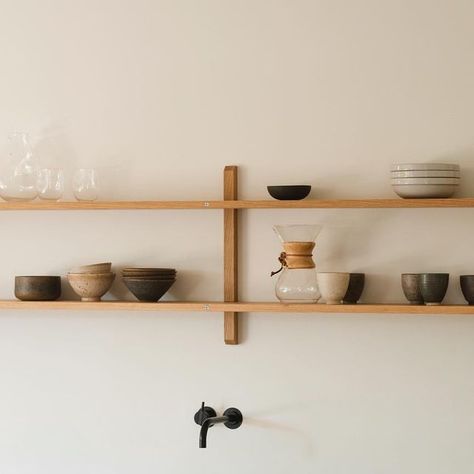 Kitchen Shelf Minimalist, Scandinavian Kitchen Floating Shelves, Kitchen Nook Shelves, Japandi Kitchen Shelves, Japandi Shelving, Oak Shelves Kitchen, Cafe Shelving, Japandi Shelves, Japandi Shelf