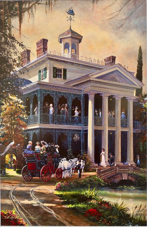 Disneyland Club 33 Haunted Mansion 50th artwork 'The Guests Arrive' Disneyland Haunted Mansion Pictures, The Haunted Mansion 2003, Haunted Mansion Artwork, The Haunted Mansion Aesthetic, Haunted Mansion Pictures, Haunted Mansion Exterior, Mc Mansion, Haunted Mansion Poster, Haunted Mansion Aesthetic