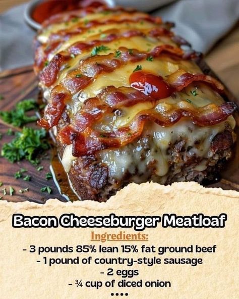 Jamie Oliver Family | Bacon Cheeseburger Meatloaf | Facebook Paula Deen Bacon Cheeseburger Meatloaf, Cheeseburger Meatloaf Recipes, Bacon Cheeseburger Meatloaf, Cheeseburger Meatloaf, Meatloaf Ingredients, Beef Casserole Recipes, Bacon Cheeseburger, Sharp Cheddar, Beef Recipes Easy