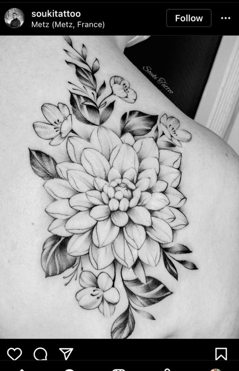 Dahlia Tattoo Sleeve, Dahlia Tattoos For Women, Dahlia Forearm Tattoo, Small Dalia Flower Tattoo, Dahlia Bouquet Tattoo, Dahlia Flower Tattoo Designs, Dahlia Hand Tattoo, Dahlia Tattoo Shoulder, Flower Tattoos Dahlia