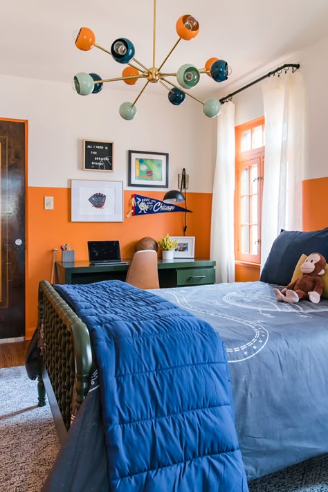 Boys Bedroom Orange, Orange Boys Rooms, Orange Kids Rooms, Entry Dining Room, Boys Room Blue, Boy Room Paint, Nursery Interior Design, Orange Rooms, Boys Bedroom Makeover