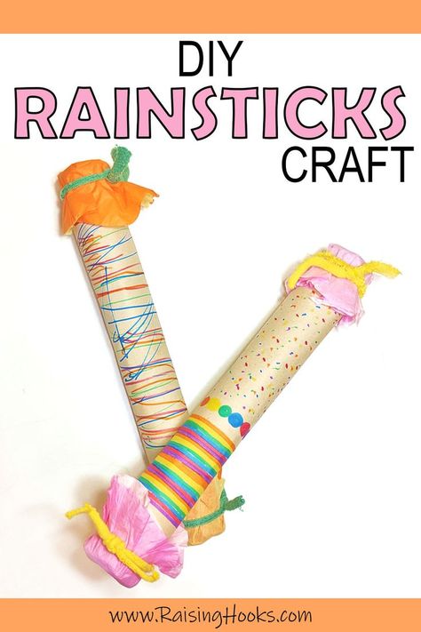 DIY Rainsticks Craft - This is a great craft-ivitiy for the kids to make their own rainsticks. Fill your tubes with pebbles, beans or rice and listen to the magical sound it makes as you tip it. Your kids will love hammering nails and decorating these awesome rainsticks. Great for fine motor skills too! #raisinghooks #rainsticks #crafts #craftsforkids #kidscrafts Craft Stick Harmonica, Music Crafts Kindergarten, Rainsticks For Kids, Preschool Rice Activities, How To Make A Rainstick, Rain Sticks Craft, Rainsticks Preschool, Crafts For Fine Motor Skills, Musical Instrument Crafts For Kids Preschool