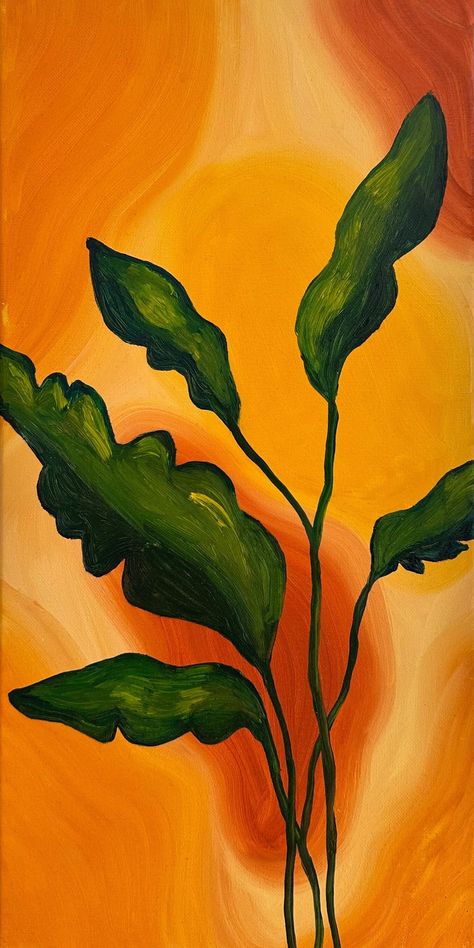 Earthy Artwork Paintings, Nature Art Background, Different Styles Of Art Paintings, Dark Green Art Paintings, Earthy Tone Painting, Green Orange Painting, Simple Large Painting Ideas, Painting With Orange Background, Plant Painting Abstract